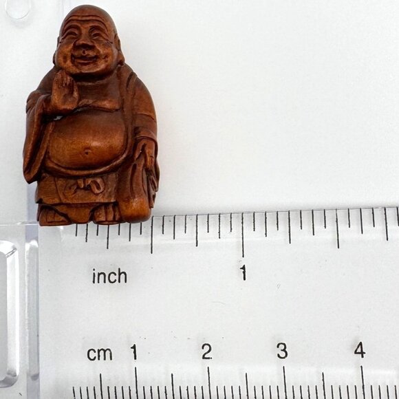 Ojime Bead Netsuke HandCarved Hotei Buddha Holding upHand Boxwood Signed No Hole - Picture 3 of 8